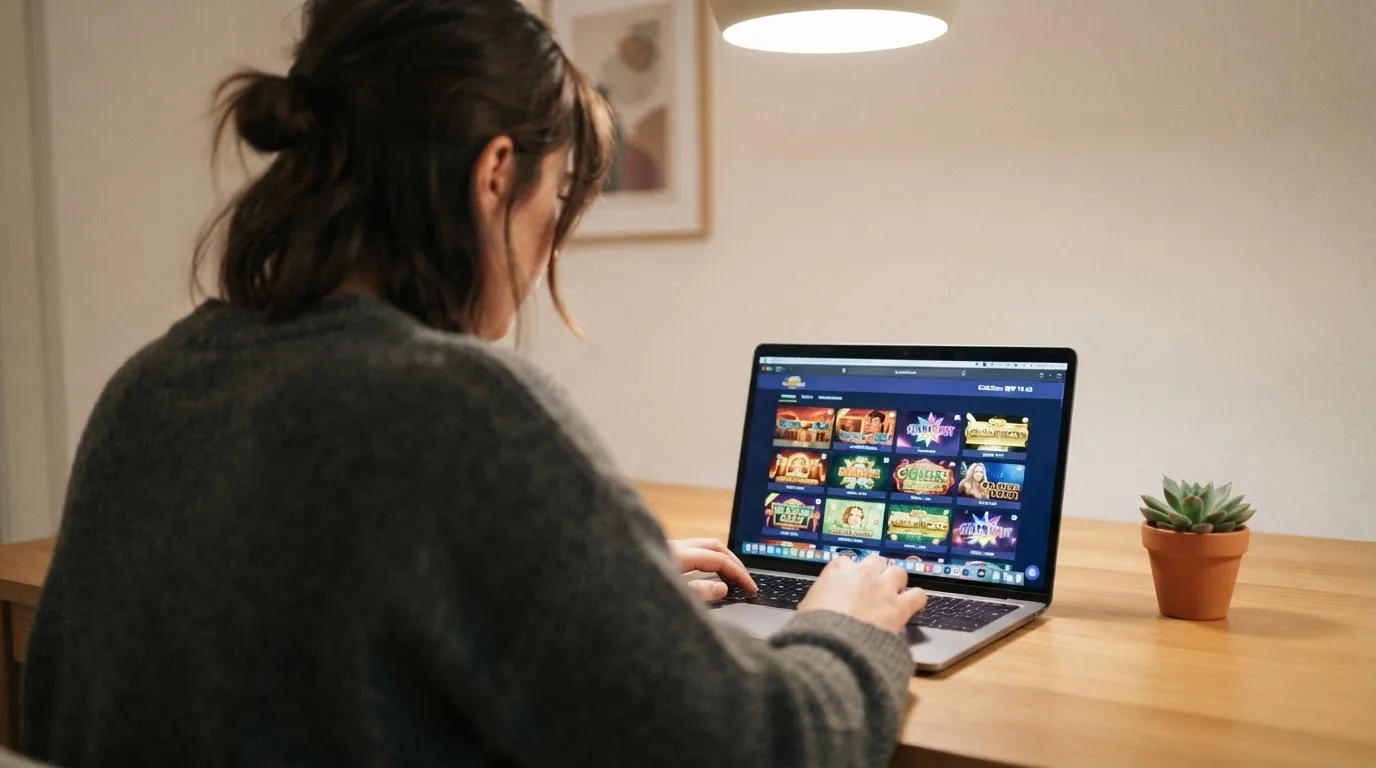 Person am Laptop liest eine Übersichtsseite zu Geldspielen im Internet — 10 franken bonus ohne einzahlung casino