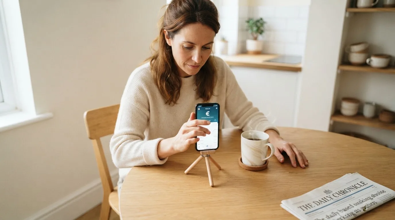 Frau tippt konzentriert auf ihrem Smartphone an einem Küchentisch, eine Tasse Kaffee steht griffbereit daneben.