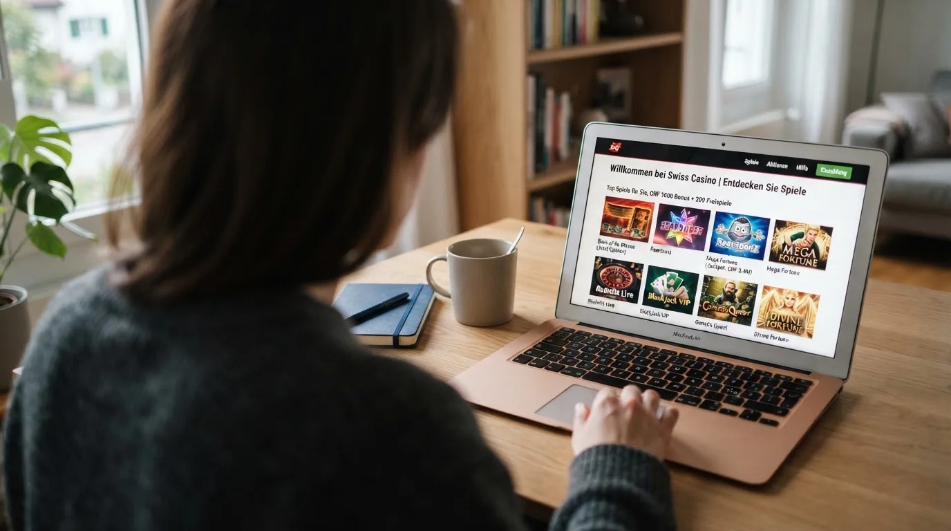 Person am Laptop liest eine Übersichtsseite zu Geldspielen im Internet — 15 franken bonus ohne einzahlung casino