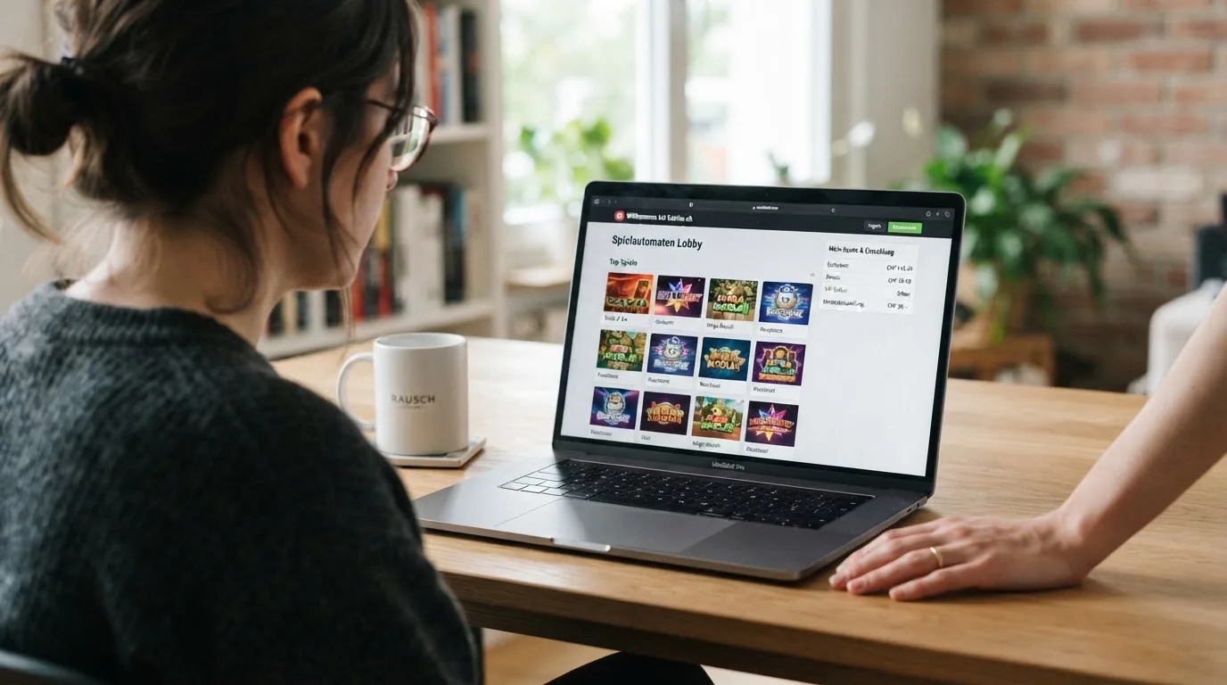 Person am Laptop liest eine Übersichtsseite zu Geldspielen im Internet — 150 freispiele ohne einzahlung