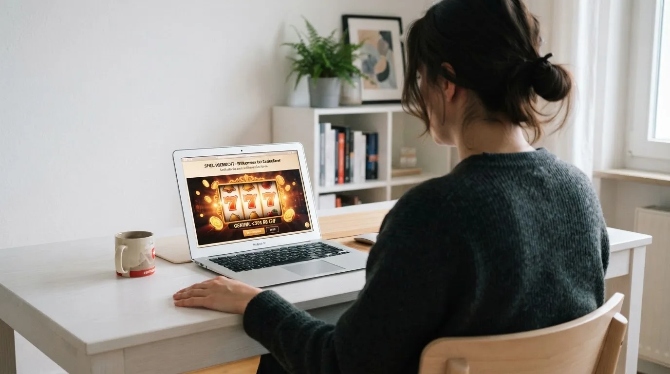 Person am Laptop liest eine Übersichtsseite zu Geldspielen im Internet — 20 franken bonus ohne einzahlung casino