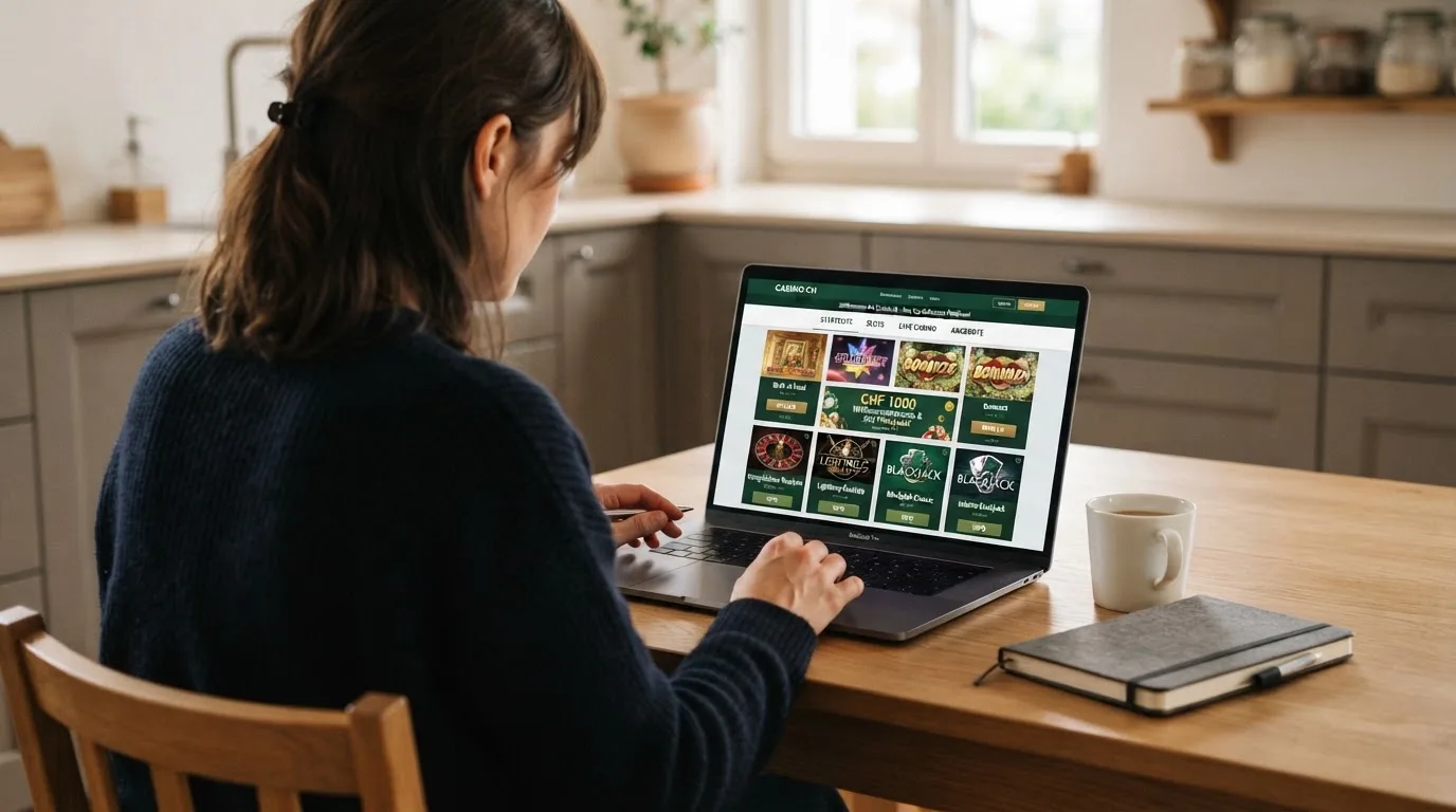 Person am Laptop liest eine Übersichtsseite zu Geldspielen im Internet — 20 freispiele ohne einzahlung