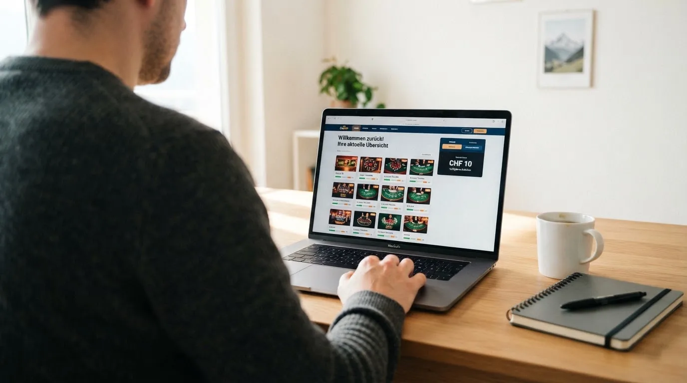 Person am Laptop liest eine Übersichtsseite zu Geldspielen im Internet — 5 franken bonus ohne einzahlung casino