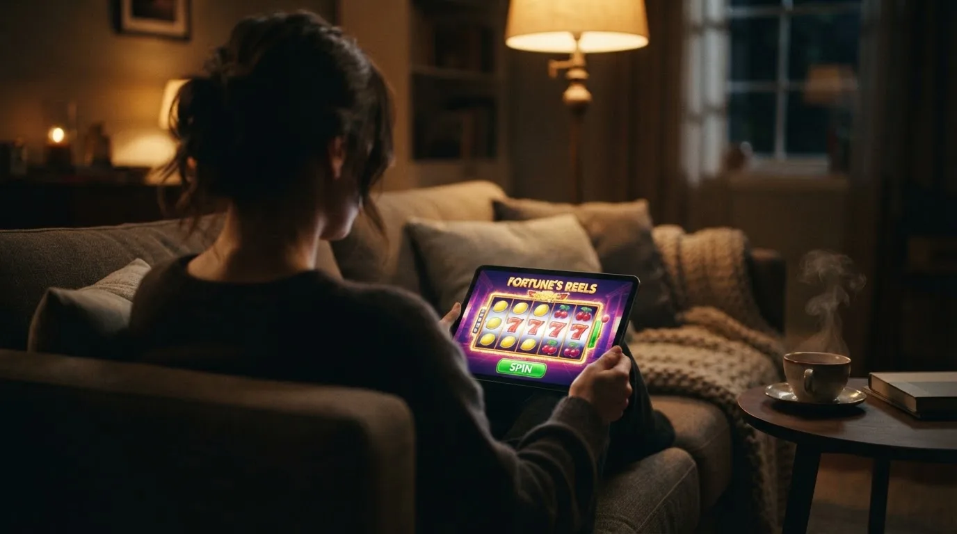 Person sitzt entspannt mit Tablet auf dem Sofa, warmes Lampenlicht, eine Tasse Tee steht daneben auf einem kleinen Tisch.