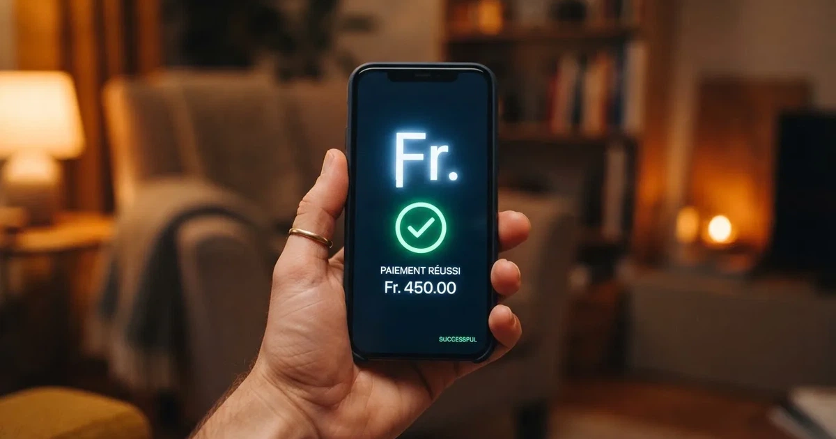 Nahaufnahme einer Hand, die auf einem Smartphone eine Zahlungsbestätigung antippt, im Hintergrund eine gemütliche Wohnzimmerecke am Abend.