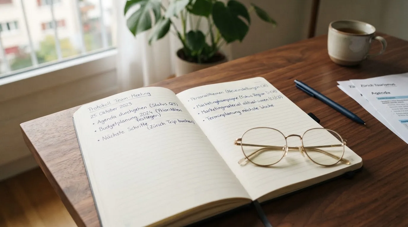 Ein Notizbuch mit handschriftlichen Stichpunkten liegt neben einer Brille auf einem Holzschreibtisch bei Tageslicht.
