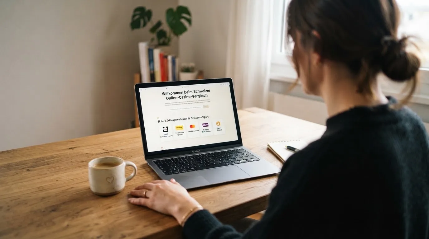 Person am Laptop liest eine Übersichtsseite zu Geldspielen im Internet — best crypto casino schweiz