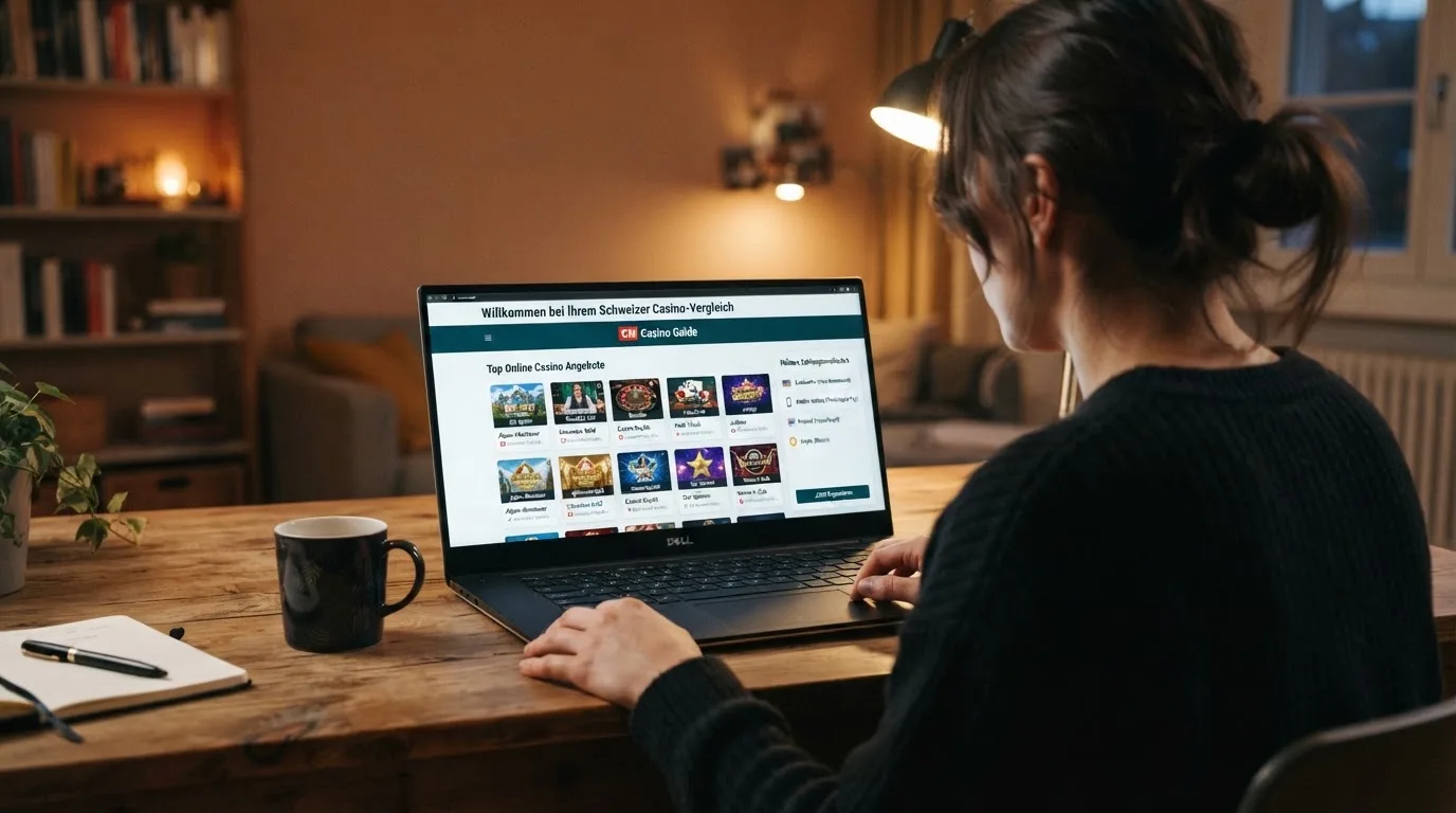 Person am Laptop liest eine Übersichtsseite zu Geldspielen im Internet — beste casino mit schneller auszahlung