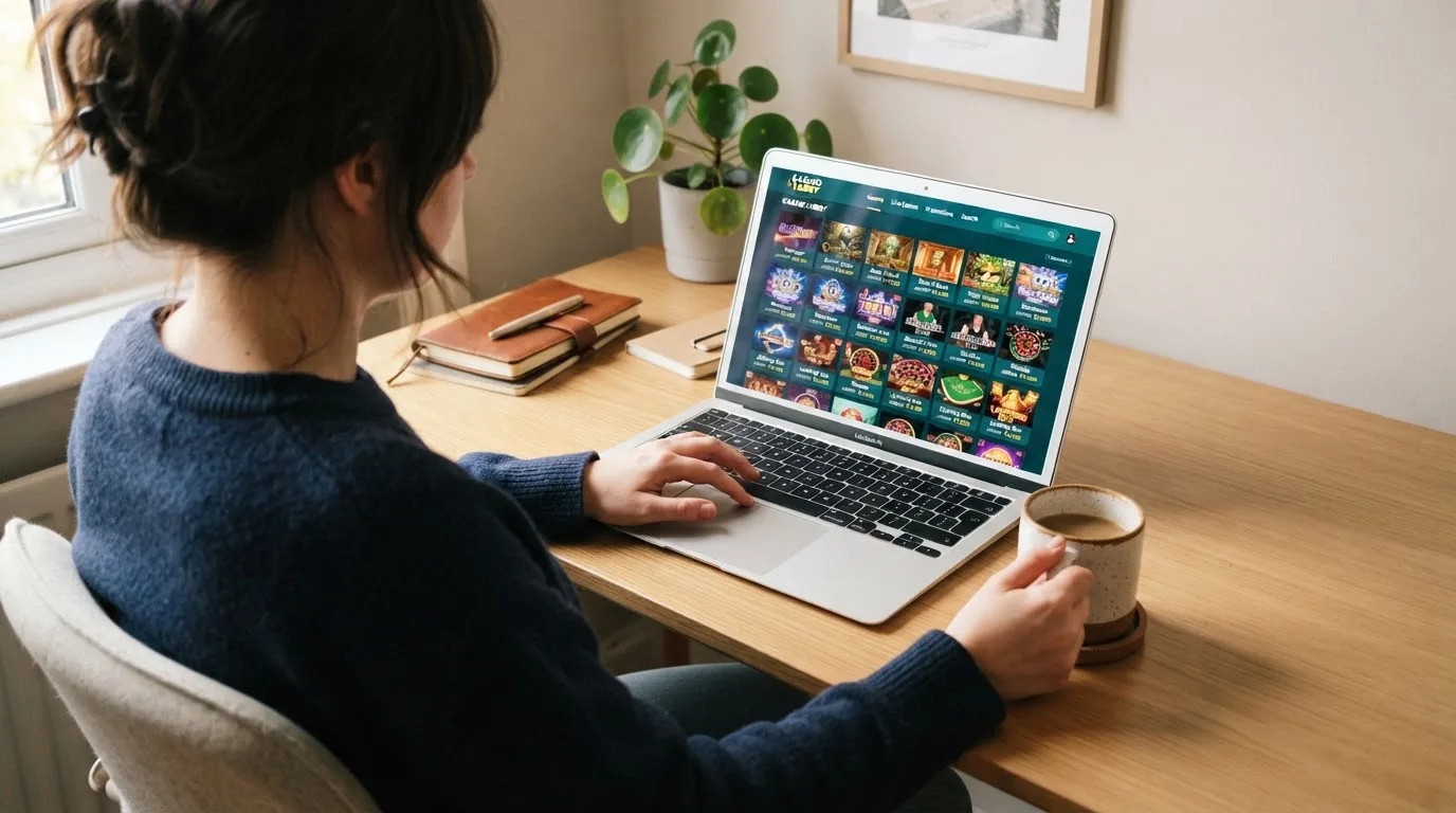Person am Laptop liest eine Übersichtsseite zu Geldspielen im Internet — beste casino ohne verifizierung auszahlen
