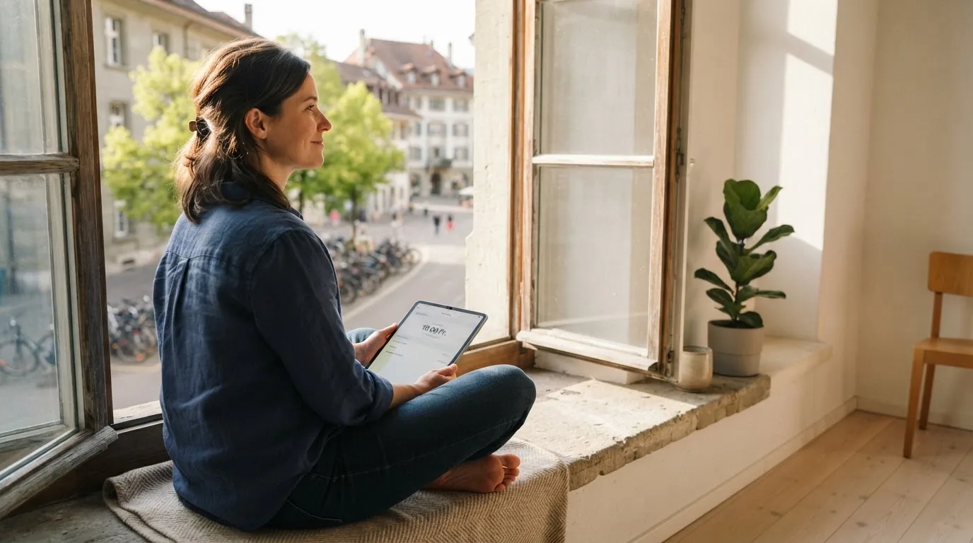 Frau sitzt mit einem Tablet auf einer Fensterbank, Blick nach draussen auf eine ruhige Strasse.
