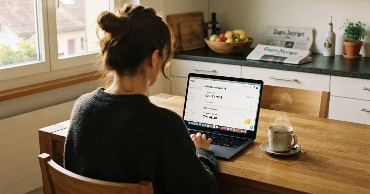 Person prüft an einem Küchentisch eine Kontoübersicht auf dem Laptop, Kaffeetasse steht griffbereit daneben.