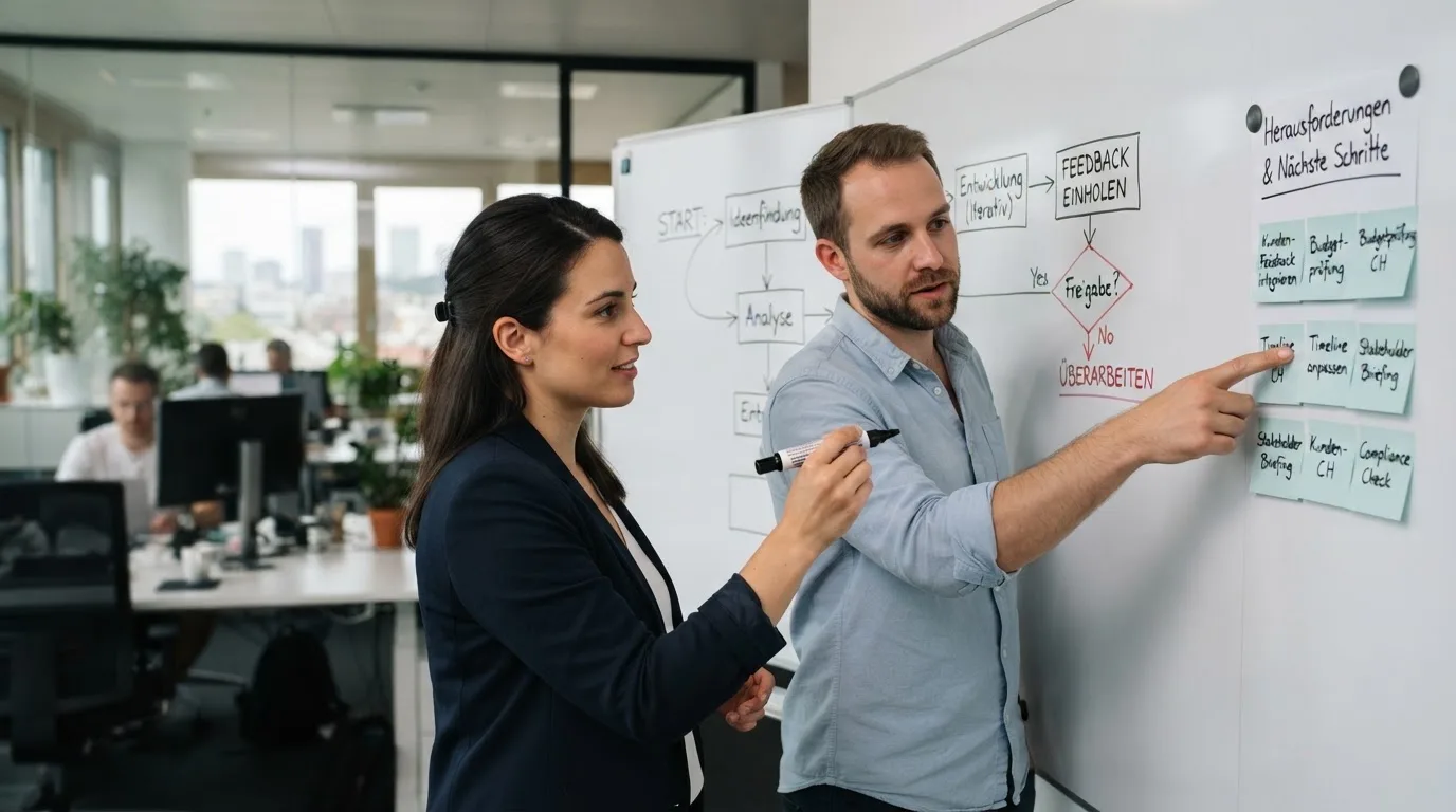 Zwei Kollegen besprechen an einem Whiteboard mit Notizen einen Ablauf, Grossraumbüro im Hintergrund.