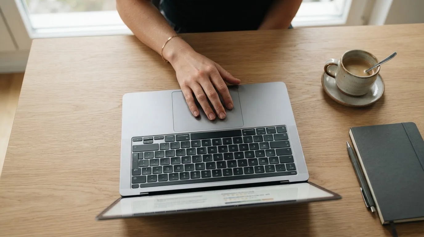 Person am Laptop liest eine Übersichtsseite zu Geldspielen im Internet — beste craps online casinos schweiz