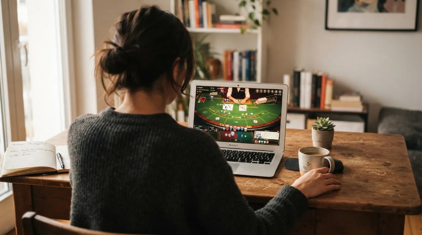 Person am Laptop liest eine Übersichtsseite zu Geldspielen im Internet — beste live baccarat schweiz