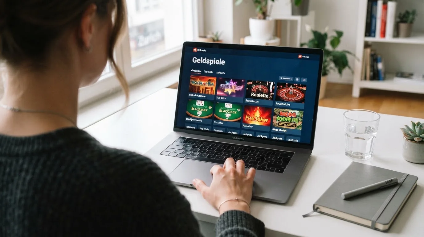Person am Laptop liest eine Übersichtsseite zu Geldspielen im Internet — beste online casino ausland