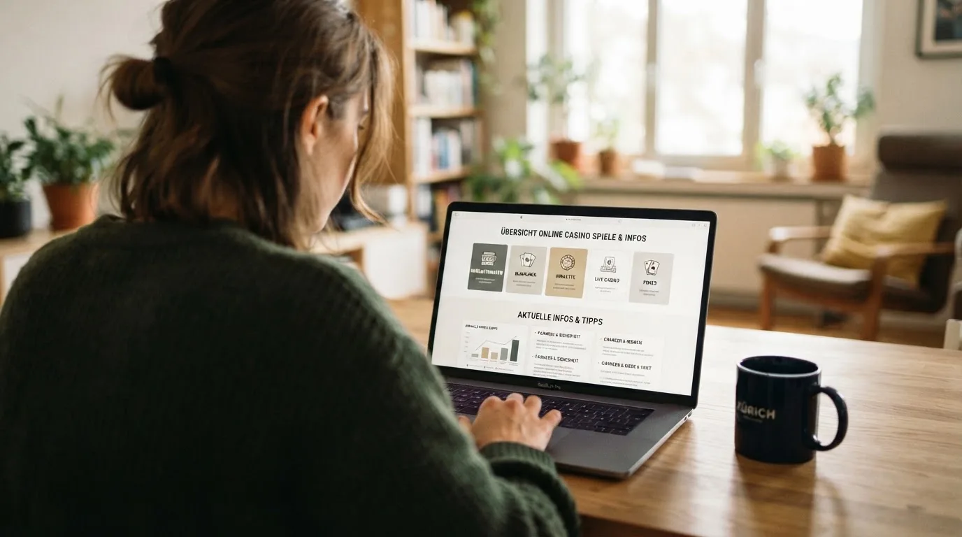 Person am Laptop liest eine Übersichtsseite zu Geldspielen im Internet — beste online casino echtgeld app