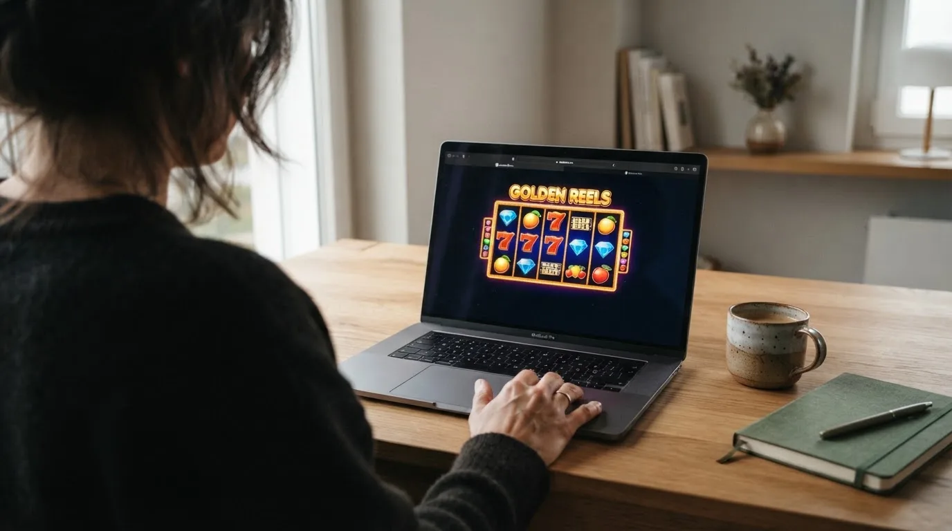 Person am Laptop liest eine Übersichtsseite zu Geldspielen im Internet — beste online casino mit apple pay bezahlen