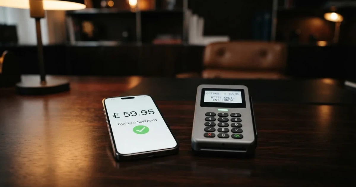 Kartenterminal und Smartphone mit einer ausstehenden Zahlungsbenachrichtigung — beste online casino mit banküberweisung bezahlen
