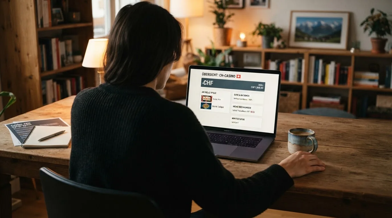 Person am Laptop liest eine Übersichtsseite zu Geldspielen im Internet — beste online casino mit banküberweisung bezahlen