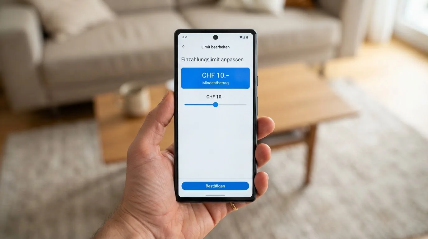 Hand hält ein Smartphone mit einem Formular zur Einzahlungsgrenze, ruhige Stimmung — beste online casino schweiz