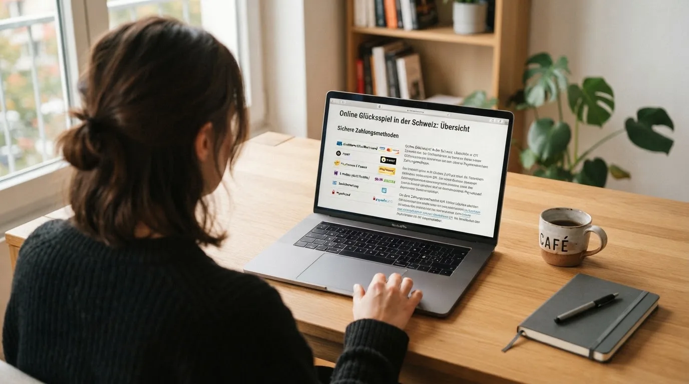 Person am Laptop liest eine Übersichtsseite zu Geldspielen im Internet — beste online casinos schweiz mit no deposit bonus