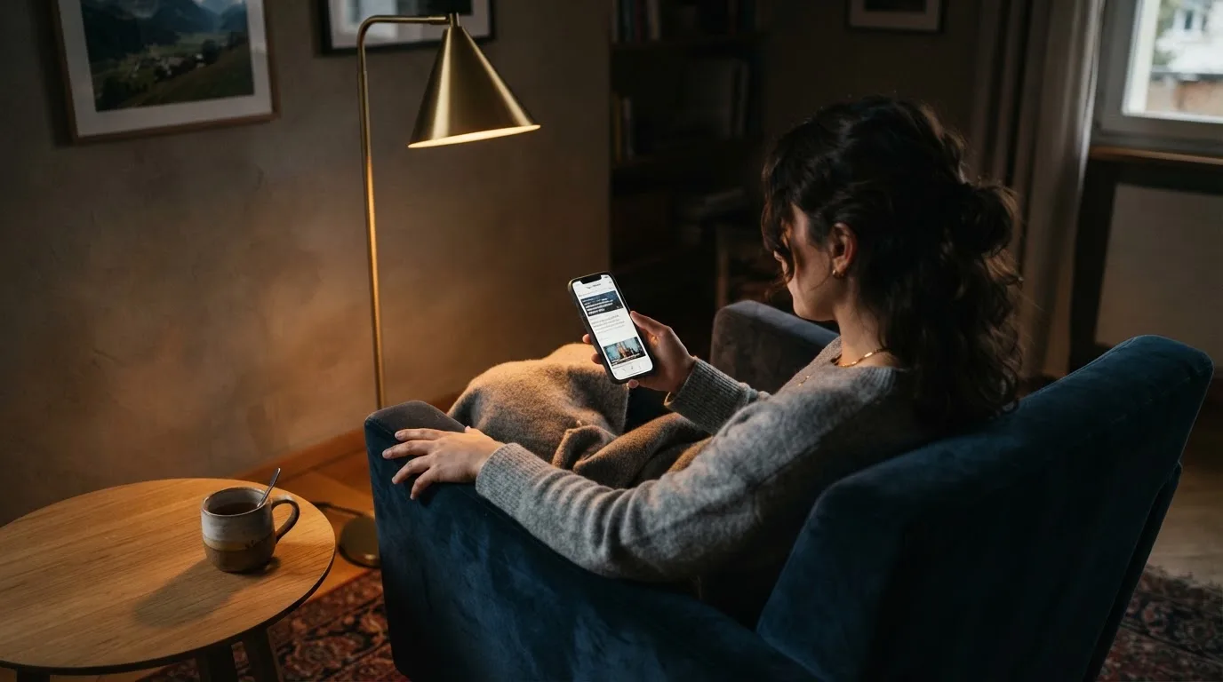 Person sitzt entspannt im Sessel und liest auf ihrem Smartphone, Stehlampe wirft warmes Licht.