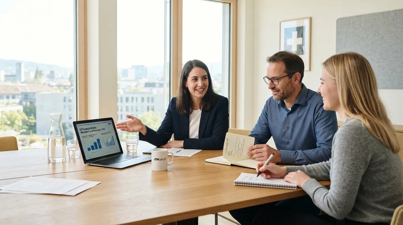 Gruppe von Kollegen sitzt an einem Besprechungstisch mit Laptop und Notizen, grosse Fenster im Hintergrund.
