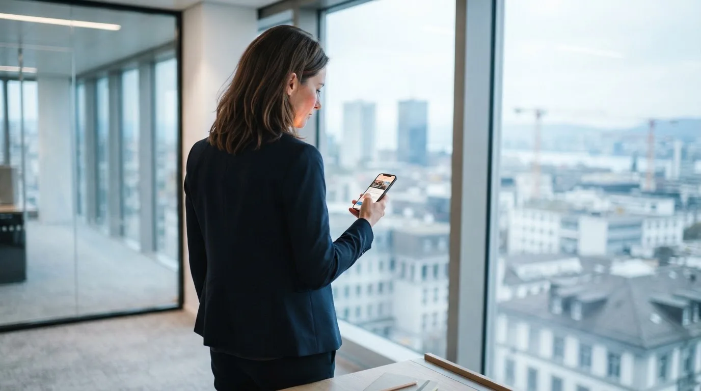 Frau steht am Fenster eines Büros und blickt auf ihr Smartphone, Skyline unscharf im Hintergrund.