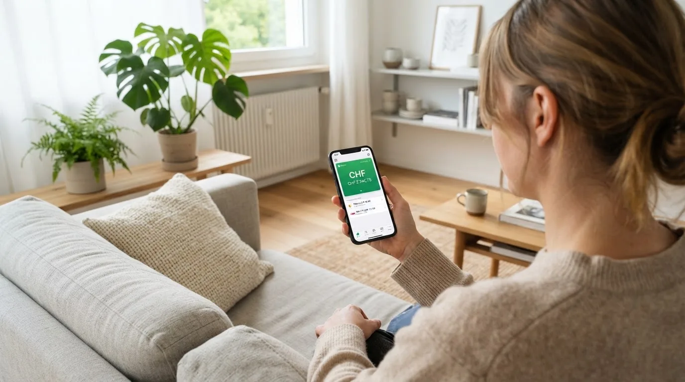 Person hält ein Smartphone mit einer Krypto-Wallet-App in einem hellen Wohnzimmer, Pflanzen im Hintergrund.