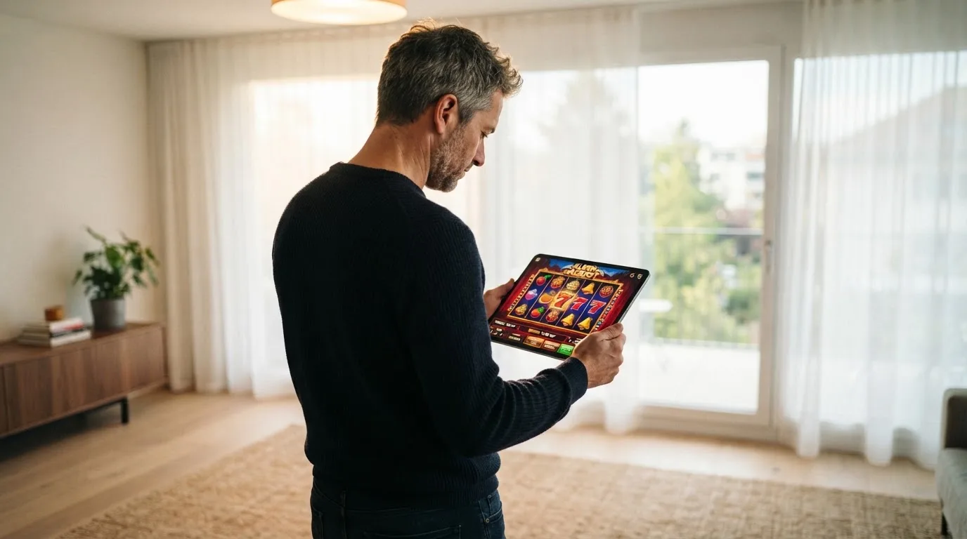 Mann steht in einem hellen Wohnzimmer und blickt konzentriert auf ein Tablet, Fenster mit Tageslicht.