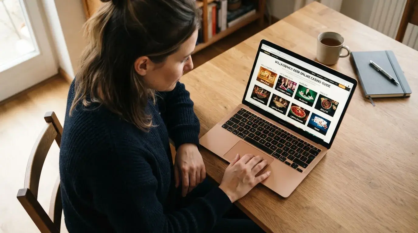 Person am Laptop liest eine Übersichtsseite zu Geldspielen im Internet — beste online spielothek casinos