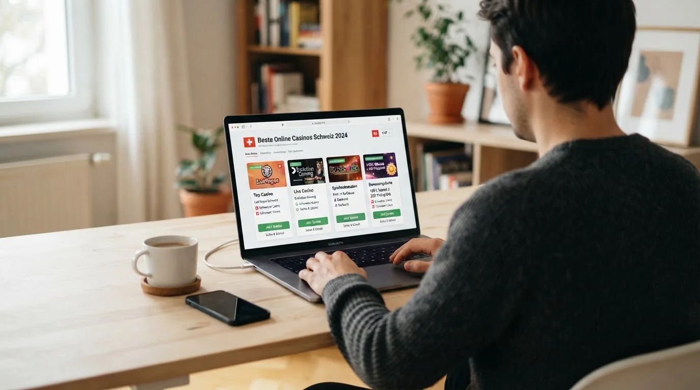 Person am Laptop liest eine Übersichtsseite zu Geldspielen im Internet — bester willkommensbonus online casino