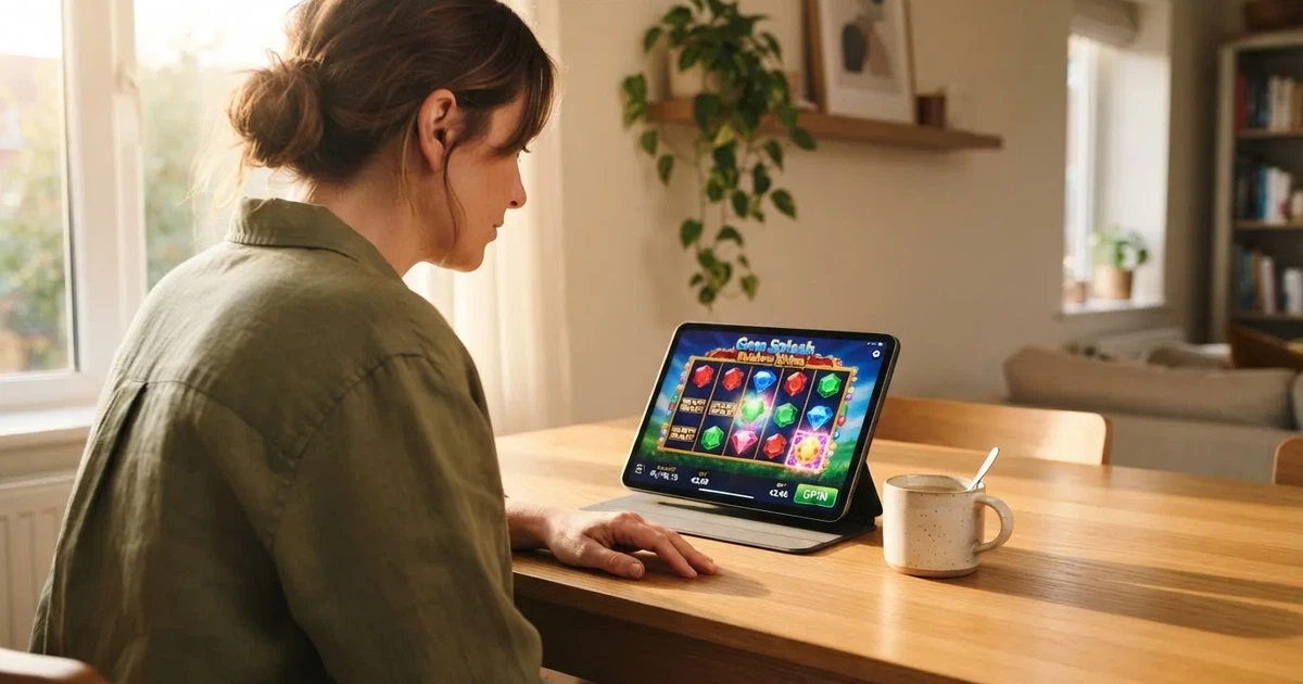Frau sitzt am Wohnzimmertisch und schaut konzentriert auf ihr Tablet, Nachmittagslicht durchs Fenster.