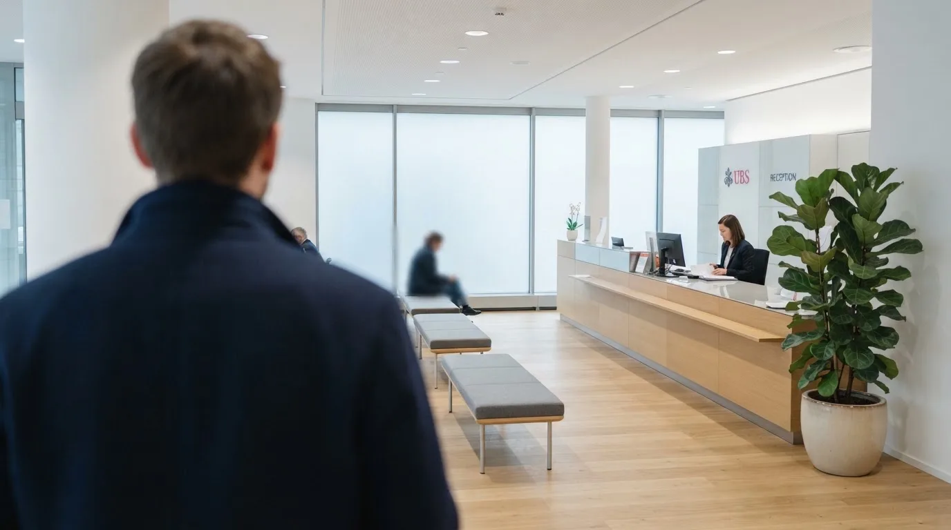 Blick auf eine helle Bankfiliale mit Wartebereich, im Vordergrund unscharf eine Person mit Jacke.