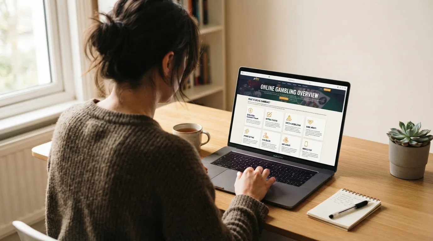 Person am Laptop liest eine Übersichtsseite zu Geldspielen im Internet — casino bonus ohne einzahlung