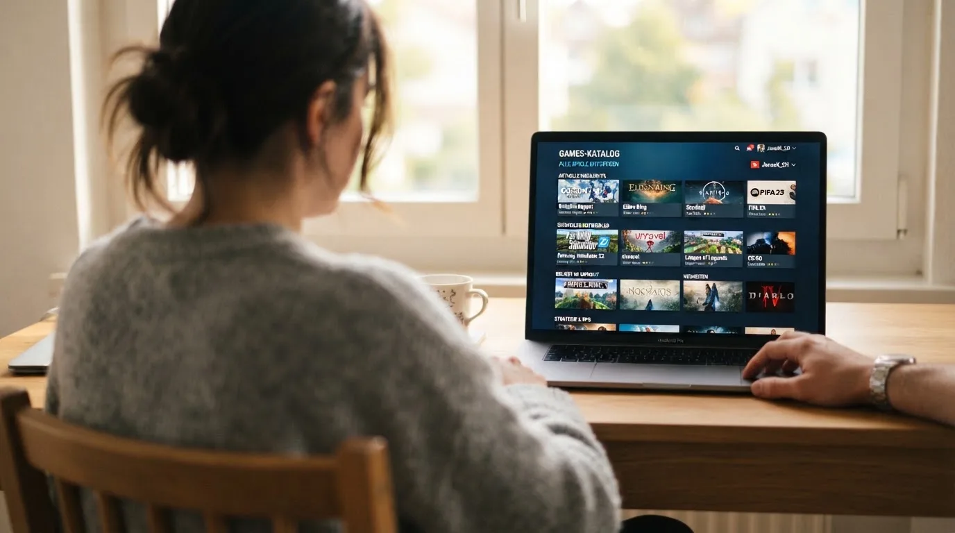 Person am Laptop liest eine Übersichtsseite zu Geldspielen im Internet — casino guthaben ohne einzahlung