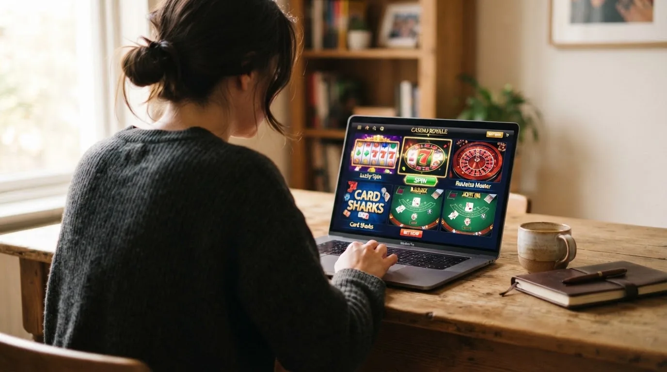 Person am Laptop liest eine Übersichtsseite zu Geldspielen im Internet — casino mit hoher gewinnchance