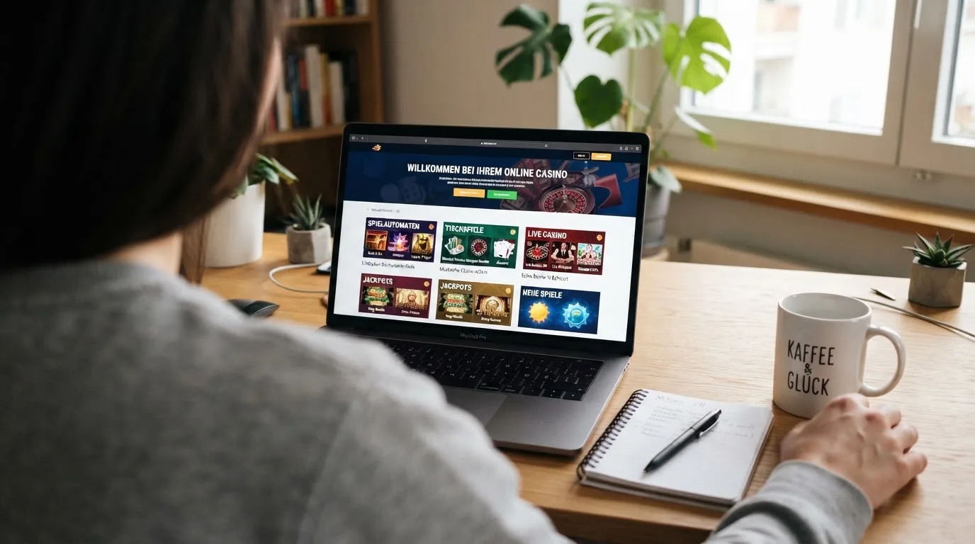 Person am Laptop liest eine Übersichtsseite zu Geldspielen im Internet — casino online mit bonus ohne einzahlung