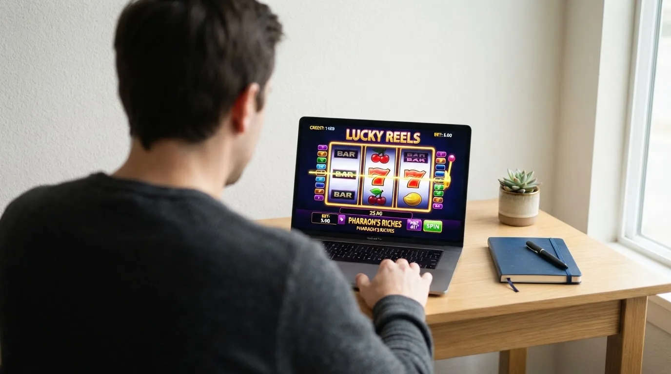 Person am Laptop liest eine Übersichtsseite zu Geldspielen im Internet — handy casino echtgeld bonus ohne einzahlung
