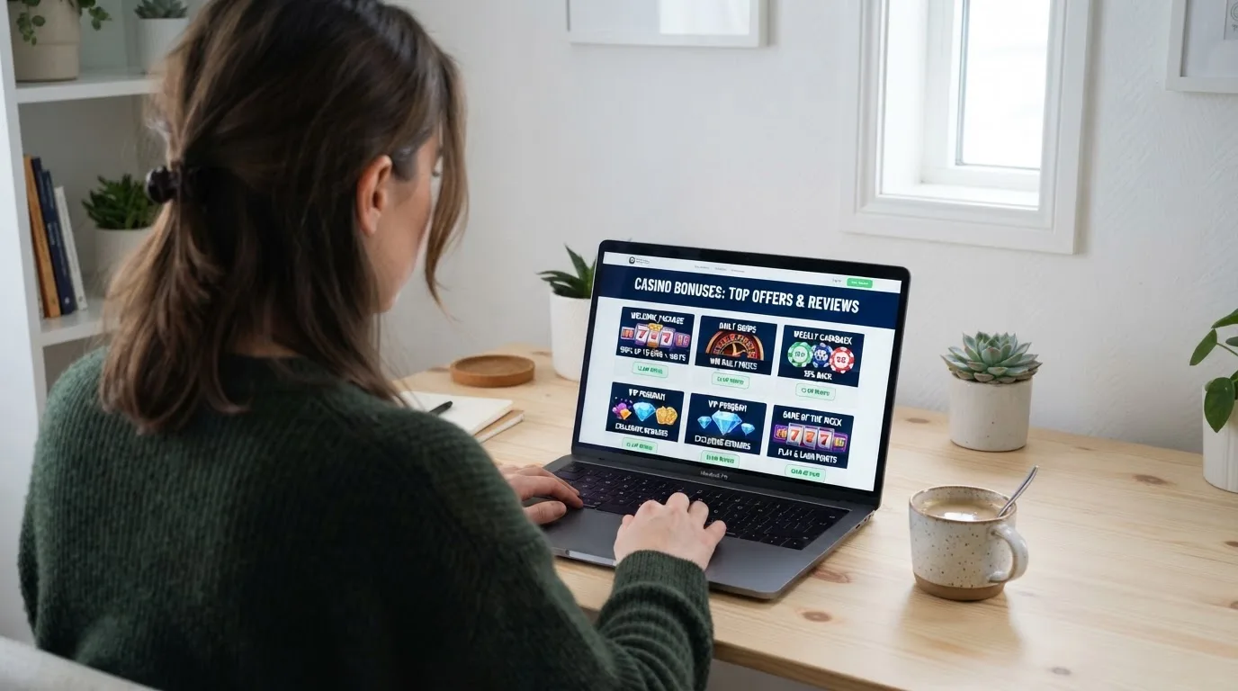 Person am Laptop liest eine Übersichtsseite zu Geldspielen im Internet — online casino bonus ohne einzahlung ohne download