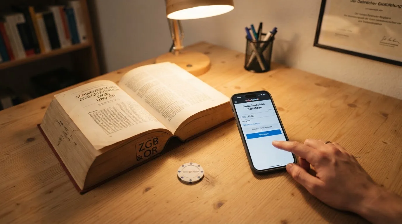Amtliches Schreiben mit Stempel auf einem Schreibtisch neben einem Gesetzbuch — online casino bonus ohne einzahlung ohne download