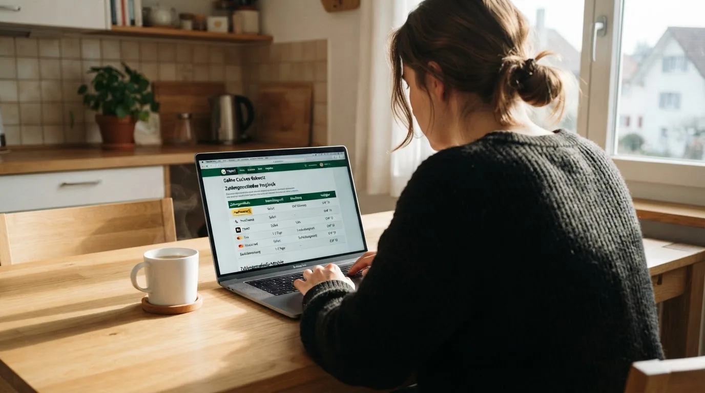 Person am Laptop liest eine Übersichtsseite zu Geldspielen im Internet — online casino bonus ohne einzahlung sofort
