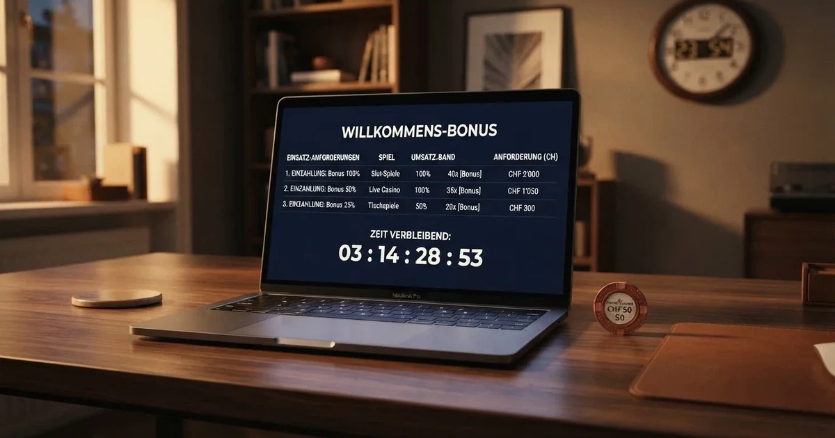 Bildschirm mit Bonusbedingungen, Einsatztabelle und einer Uhr im Hintergrund — online casino bonus ohne einzahlung sofort