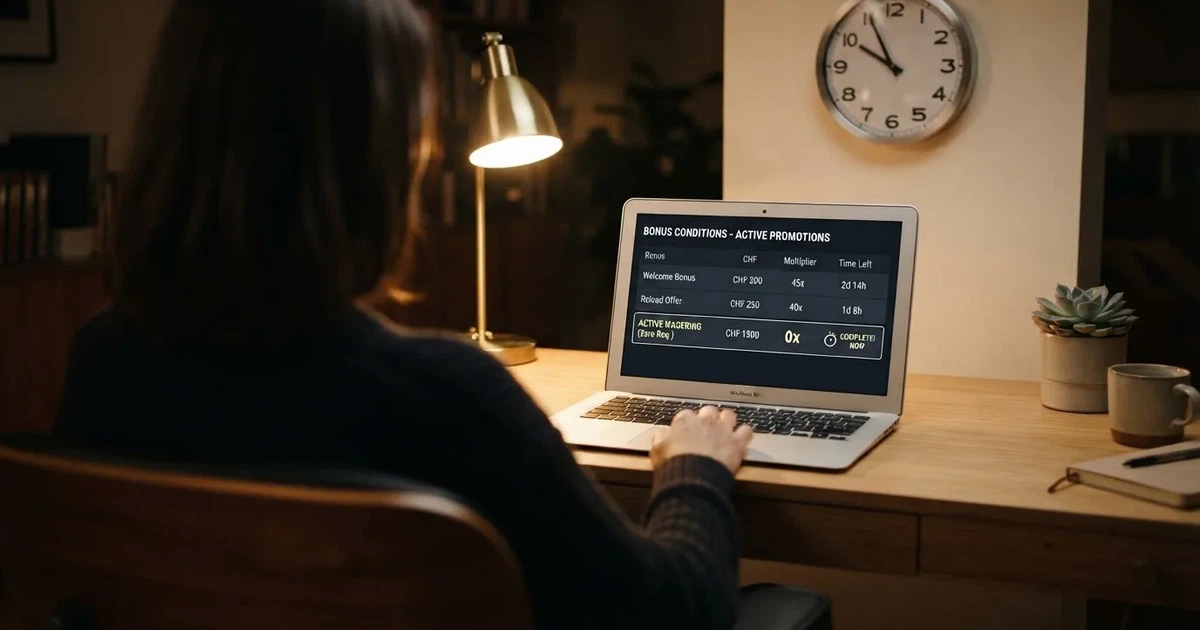 Bildschirm mit Bonusbedingungen, Einsatztabelle und einer Uhr im Hintergrund — online casino bonus ohne umsatzbedingungen