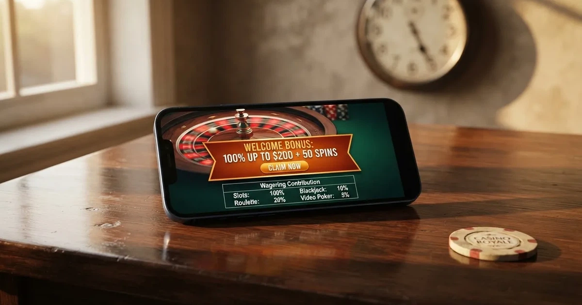 Bildschirm mit Bonusbedingungen, Einsatztabelle und einer Uhr im Hintergrund — online casino einzahlungsbonus
