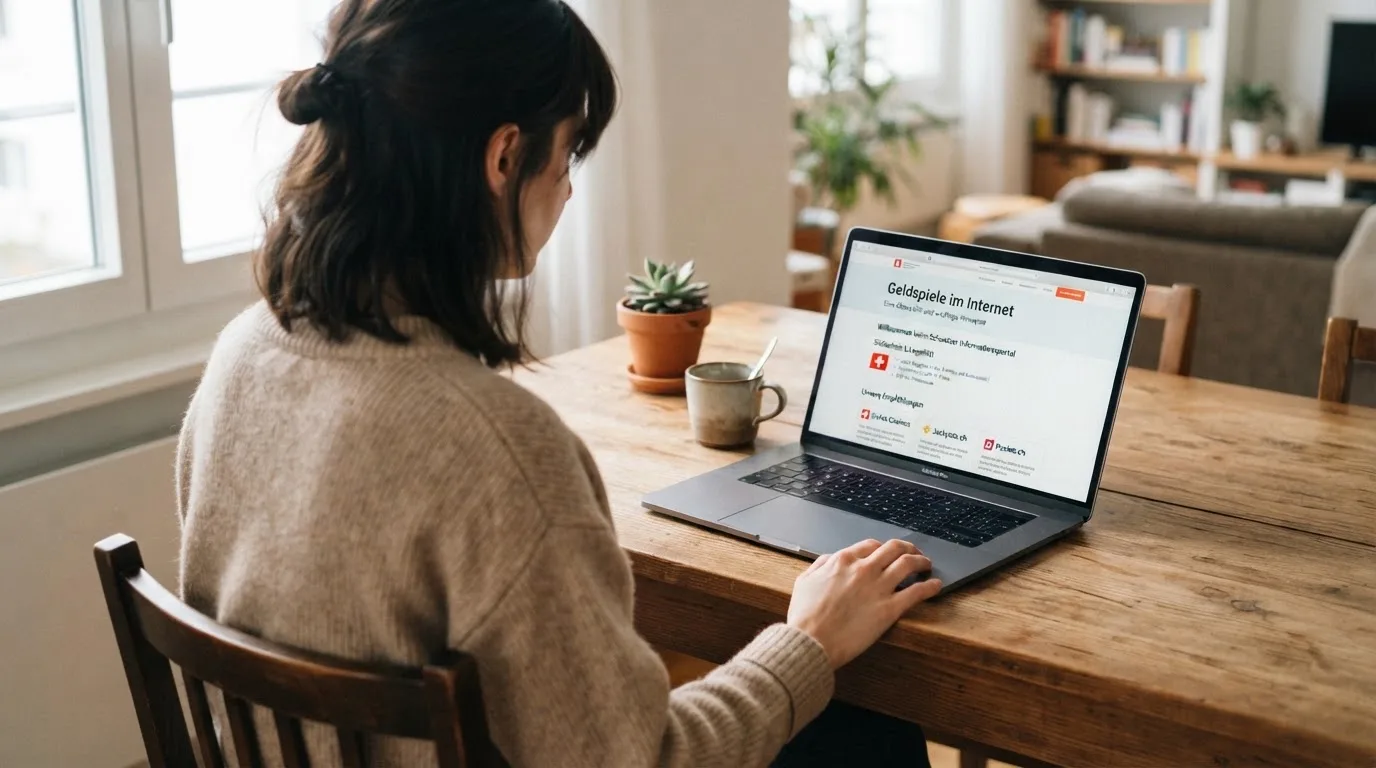 Person am Laptop liest eine Übersichtsseite zu Geldspielen im Internet — online casino gutschein codes