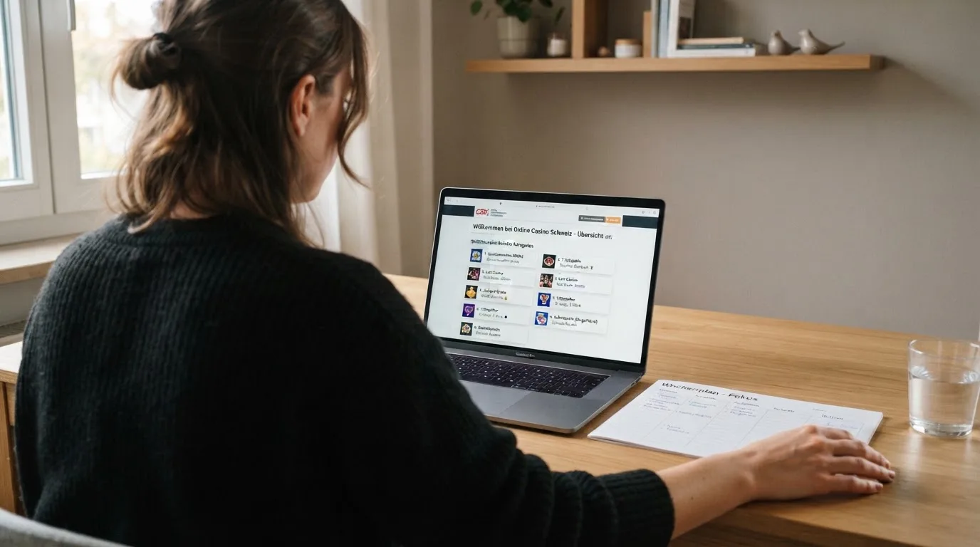 Person am Laptop liest eine Übersichtsseite zu Geldspielen im Internet — online casino mit 100% bonus