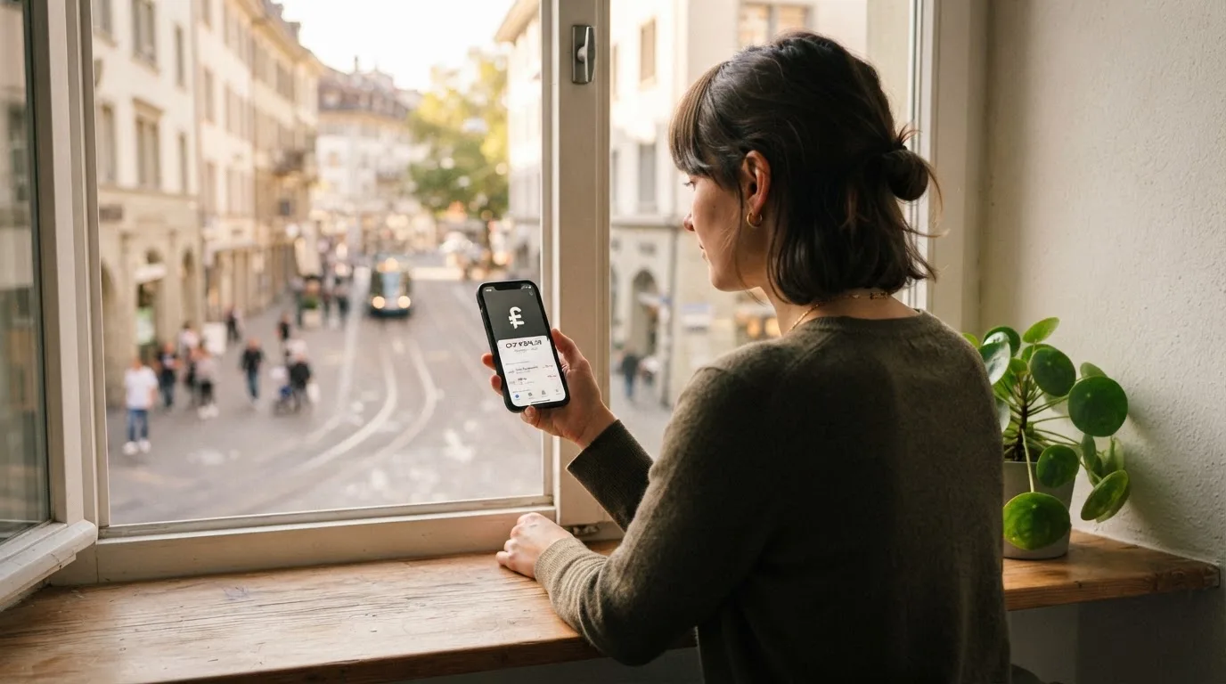 Frau lehnt entspannt an einer Fensterbank und liest auf ihrem Smartphone, Blick auf eine Strasse im Hintergrund.