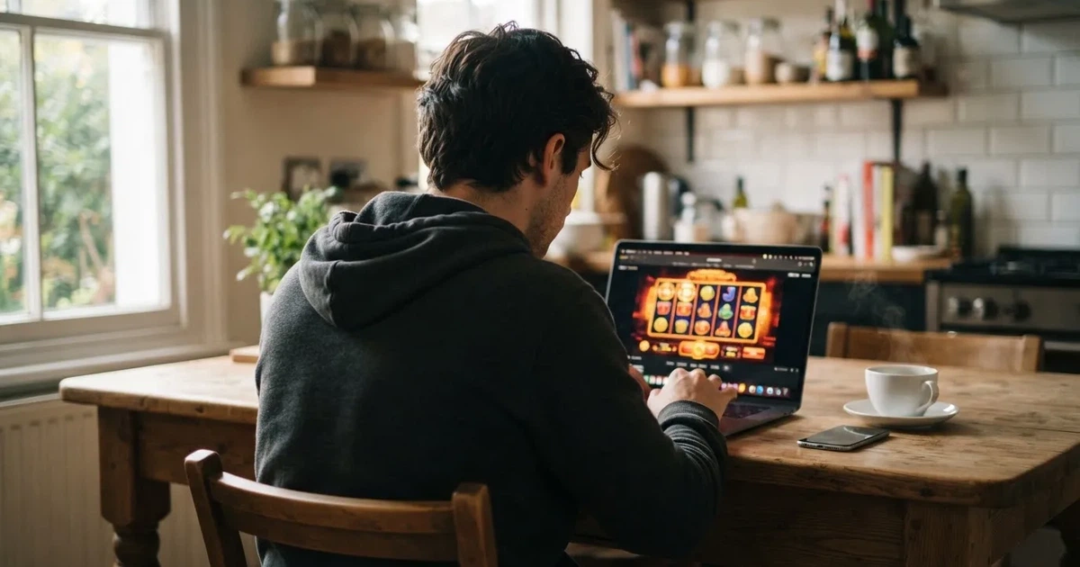 Junger Mann sitzt am Küchentisch und tippt konzentriert auf seinem Laptop, eine Kaffeetasse steht daneben.