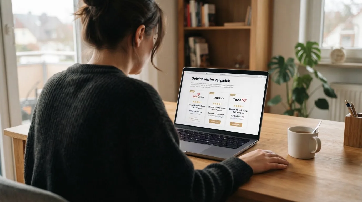 Person am Laptop liest eine Übersichtsseite zu Geldspielen im Internet — online casino mit autoplay